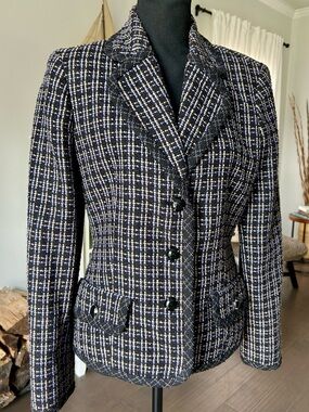 Kasper Tailored Tweed Plaid Blazer Jacket Size 8 Purple Black